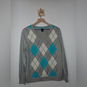 Izod Men's V-Neck Gray Sweater with Turquoise and White Diamond Pattern size XL